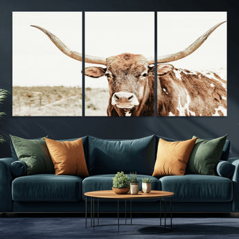 98924580-MGV-CV-36X24-Texas Longhorn Bull Wall Art Canvas Print, Framed Rustic Farmhouse Decor Art Picture Print, Western Animal Theme Perfect Rustic