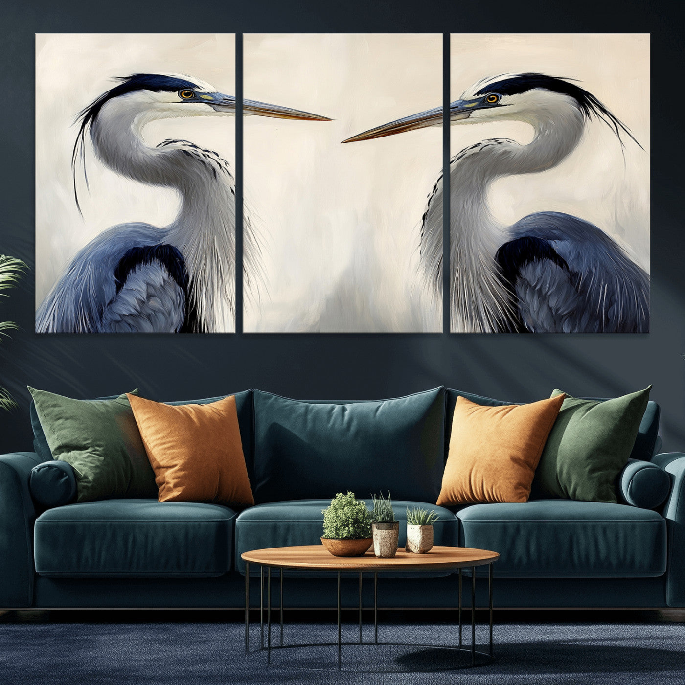 18230556-MGV-CV-36X24-Blue Heron Pair Wall Art Canvas Print, Framed Coastal Bird Theme Art Picture Print, Tranquil Wildlife Scene Perfect Coastal
