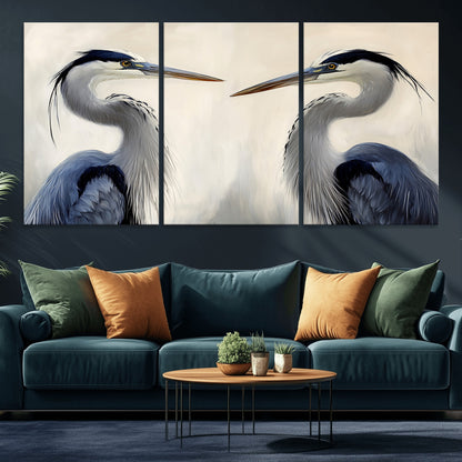 18230556-MGV-CV-36X24-Blue Heron Pair Wall Art Canvas Print, Framed Coastal Bird Theme Art Picture Print, Tranquil Wildlife Scene Perfect Coastal