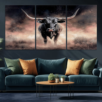 71457818-MGV-CV-36X24-Longhorn Wall Art Wall Art Canvas Print, Framed Western Bull Canvas Art Picture Print, Rustic Cow Decor Perfect Western Dramatic