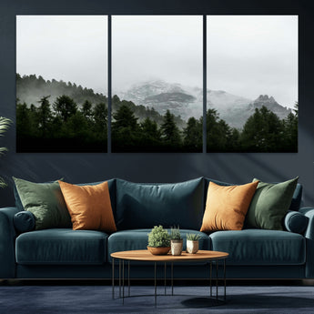 55968349-MGV-CV-36X24-Misty Mountains Wall Art Canvas Print, Framed Foggy Forest Art Picture Print, Snowy Peaks Perfect Moody Wilderness Decor Artwork