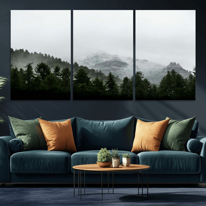 55968349-MGV-CV-36X24-Misty Mountains Wall Art Canvas Print, Framed Foggy Forest Art Picture Print, Snowy Peaks Perfect Moody Wilderness Decor Artwork
