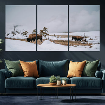 60308289-MGV-CV-36X24-Bison Wildlife Wall Art Canvas Print, Framed Snowy Prairie Art Picture Print, Western Landscape Perfect Rustic Winter Decor