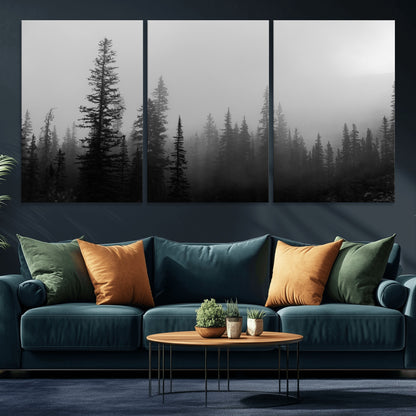 73138900-MGV-CV-36X24-Misty Pines Wall Art Canvas Print, Framed Woodland Photography Art Picture Print, Minimalist Decor Perfect Modern Rustic Decor