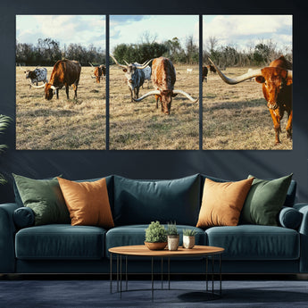 39144651-MGV-CV-36X24-Texas Longhorns Wall Art Canvas Print, Framed Rustic Farm Scene Art Picture Print, Western Cattle Perfect Rustic Farmhouse Decor