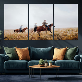 94723307-MGV-CV-36X24-Western Cowboys Wall Art Canvas Print, Framed Rustic Prairie Art Picture Print, Horseback Riding Perfect Rustic Western Decor