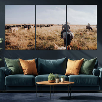 22431577-MGV-CV-36X24-Western Wall Art Wall Art Canvas Print, Framed Cowboy Canvas Art Picture Print, Cattle Drive Scene Perfect Rustic Western Decor