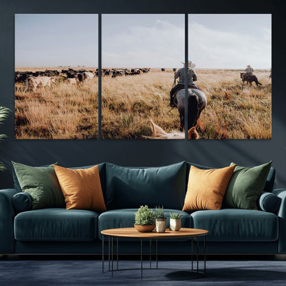 22431577-MGV-CV-36X24-Western Wall Art Wall Art Canvas Print, Framed Cowboy Canvas Art Picture Print, Cattle Drive Scene Perfect Rustic Western Decor