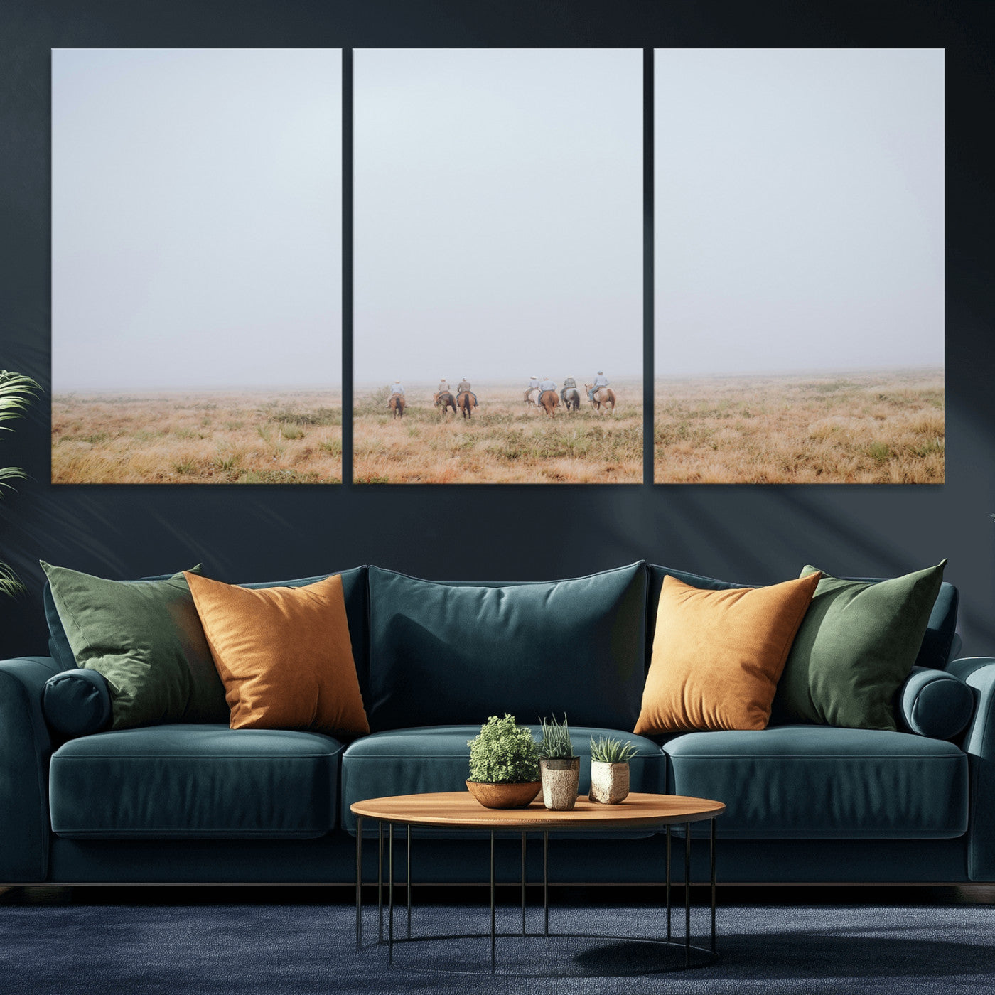 14761944-MGV-CV-60X30-3P-Foggy Plains Wall Art Canvas Print, Framed Horseback Riders Art Picture Print, Rustic Western Perfect Rustic Western Decor Artwork