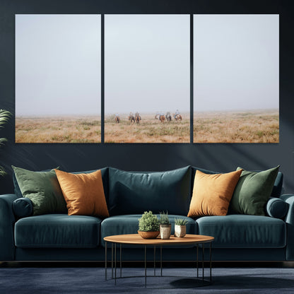 14761944-MGV-CV-60X30-3P-Foggy Plains Wall Art Canvas Print, Framed Horseback Riders Art Picture Print, Rustic Western Perfect Rustic Western Decor Artwork