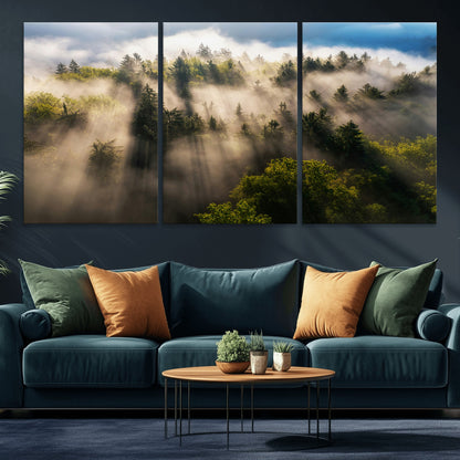 14785710-MGV-CV-36X24-Tranquil Forest Scene Wall Art Canvas Print, Framed Sunbeam Through Trees Art Picture Print, Moody Green Wall Art Perfect