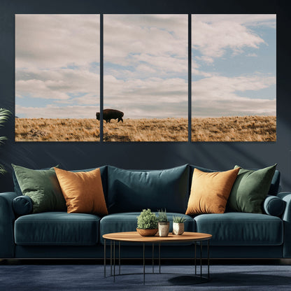 22754563-MGV-CV-36X24-Earthy Tones Wall Art Canvas Print, Framed Rustic Nature Art Picture Print, Solitary Buffalo Perfect Western Minimalist Decor