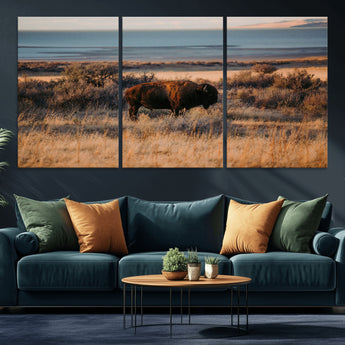 39509187-MGV-CV-36X24-Western Wildlife Wall Art Canvas Print, Framed Bison Art Picture Print, Golden Hour Perfect Western Rustic Decor Artwork