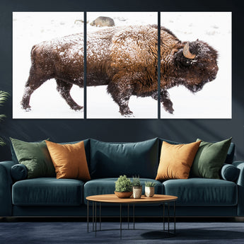 94261165-MGV-CV-36X24-Snowy Buffalo Wall Art Canvas Print, Framed Wildlife Photography Art Picture Print, Brown Tones Perfect Rustic Lodge Decor Decor