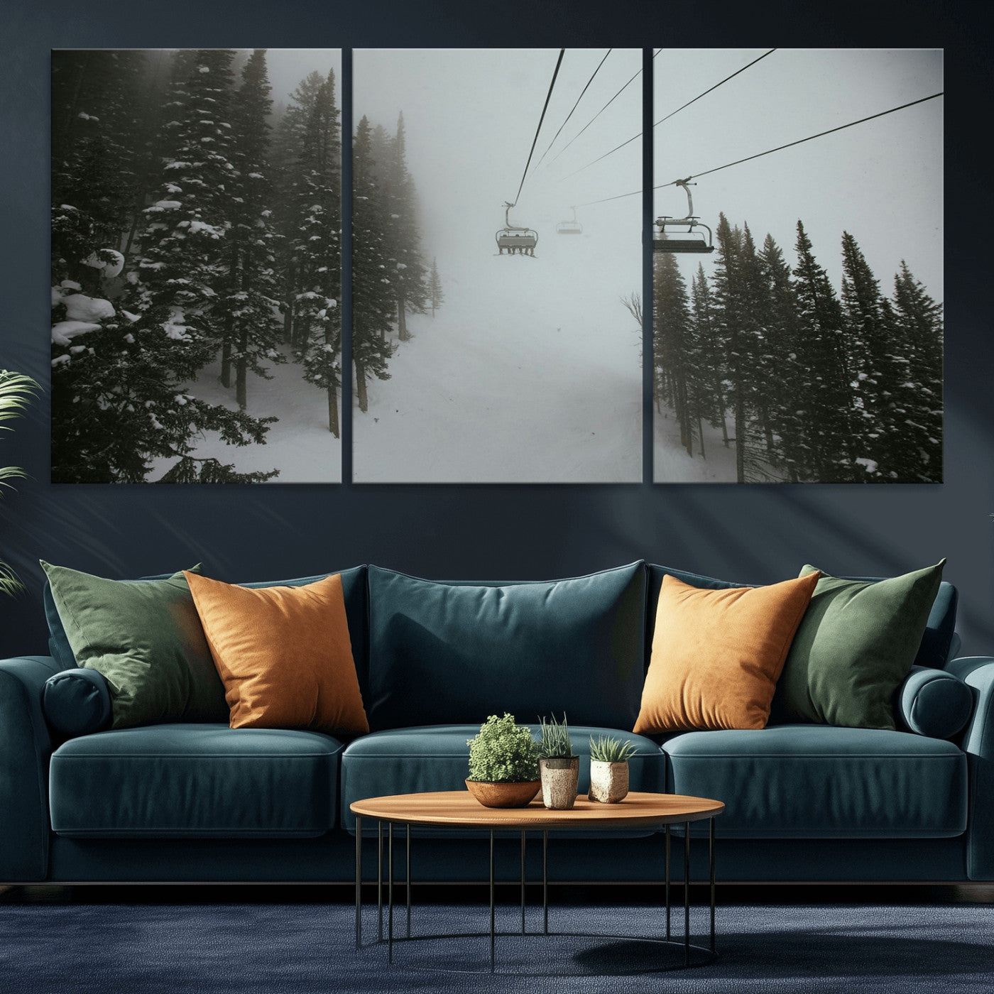 87018452-MGV-CV-36X24-Ski Lift Wall Art Canvas Print, Framed Snowy Pines Art Picture Print, Misty Landscape Perfect Winter Serenity Decor Artwork