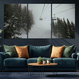87018452-MGV-CV-36X24-Ski Lift Wall Art Canvas Print, Framed Snowy Pines Art Picture Print, Misty Landscape Perfect Winter Serenity Decor Artwork