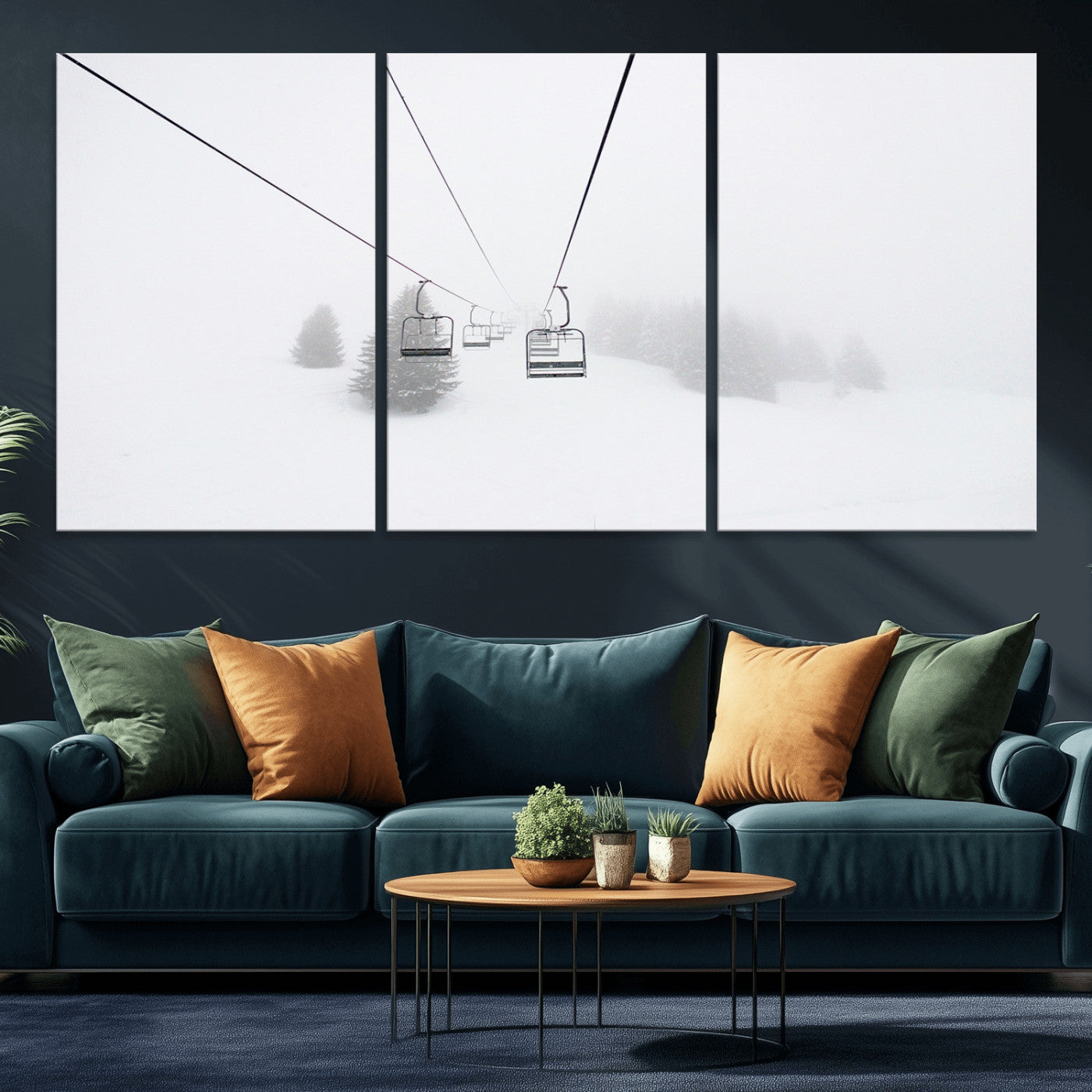 20216390-MGV-CV-36X24-Ski Lift Wall Art Canvas Print, Framed Snowy Landscape Art Picture Print, Alpine Adventure Perfect Nordic Minimalist Decor Artwork