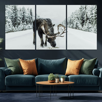13316292-MGV-CV-36X24-Moose in Snow Wall Art Canvas Print, Framed Winter Wildlife Art Picture Print, Snowy Forest Scene Perfect Rustic Lodge Decor