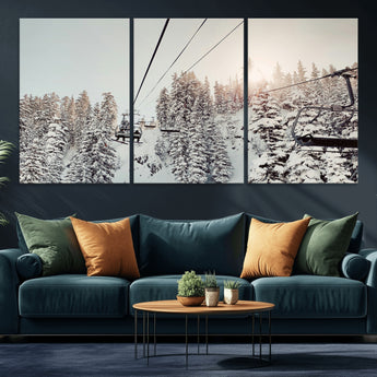 91534512-MGV-CV-36X24-Frosty Pines Wall Art Canvas Print, Framed Cozy Cabin View Art Picture Print, Ski Lift Ride Perfect Rustic Lodge Decor Artwork