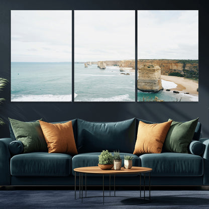 70095633-MGV-CV-36X24-Twelve Apostles Wall Art Canvas Print, Framed Coastal Cliffs Art Picture Print, Rugged Rock Formations Perfect Minimalist Coastal