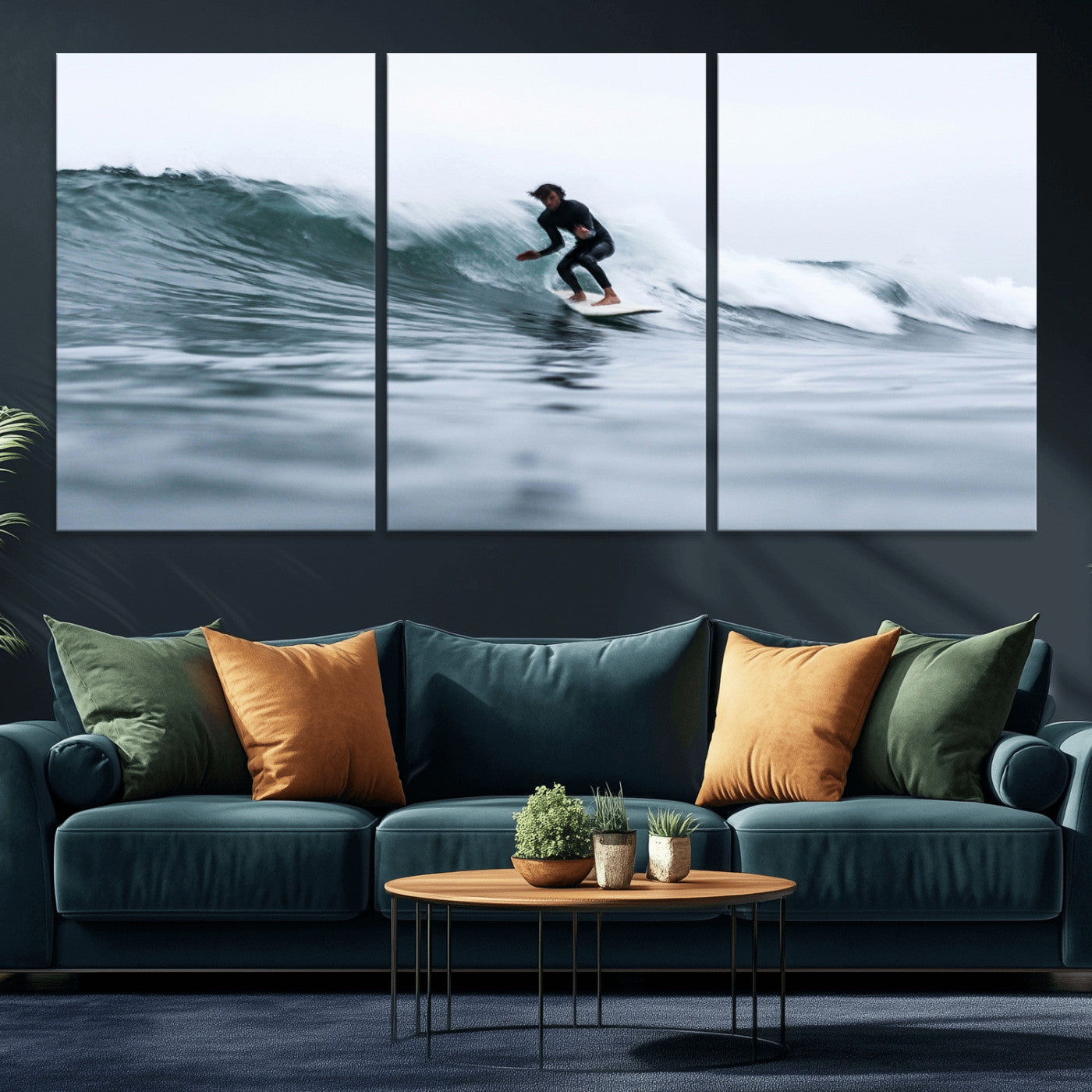 11693607-MGV-CV-36X24-Surfer on Wave Wall Art Canvas Print, Framed Ocean Adventure Art Picture Print, Motion Blur Water Perfect Coastal Adventure Decor