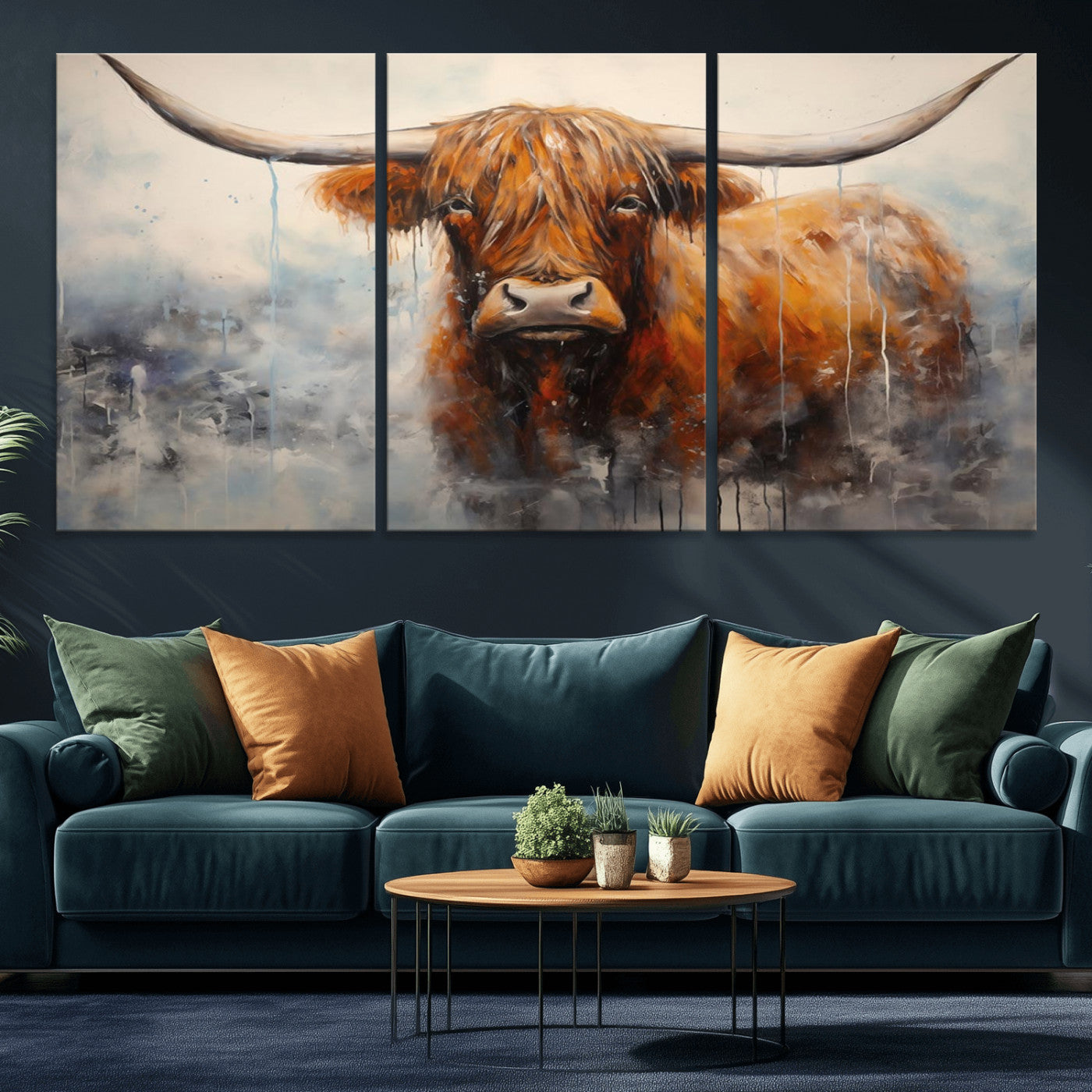 X61001-MGV-CV-36X24-Scottish Highland Wall Art Canvas Print, Framed Longhorn Art Picture Print, Western Cow Perfect Farmhouse Decor Artwork