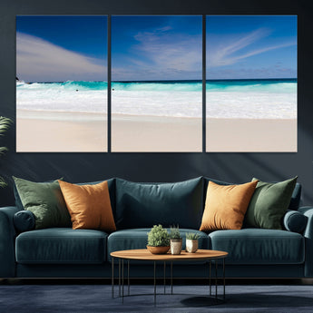 55017356-MGV-CV-36X24-Ocean Beach Wall Art – Turquoise Wave and White Sand Shoreline Canvas Print, Coastal Seascape Photography Decor for Living Room,