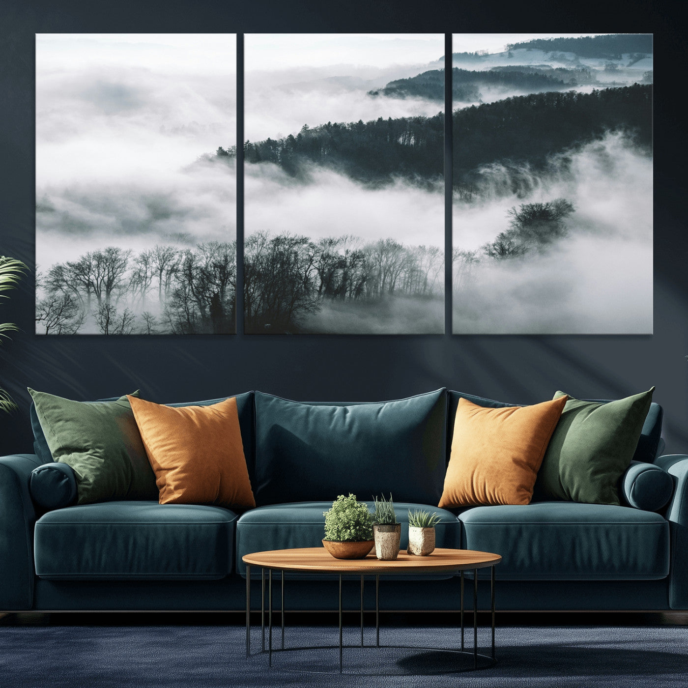 67569654-MGV-CV-36X24-Foggy Forest Wall Art – Mist Covered Hills and Trees Landscape Canvas Print, Moody Nature Photography Decor for Living Room,