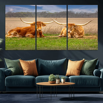 54598515-MGV-CV-36X24-Texas Longhorns Wall Art – Rustic Cattle Ranch Canvas Print, Western Farmhouse Animal Photography Decor for Living Room, Office,