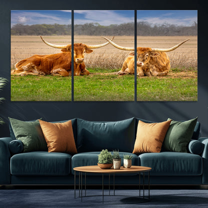 54598515-MGV-CV-36X24-Texas Longhorns Wall Art – Rustic Cattle Ranch Canvas Print, Western Farmhouse Animal Photography Decor for Living Room, Office,