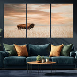 20306324-MGV-CV-36X24-Bison Wall Art – Lone American Buffalo Prairie Sunset Canvas Print, Rustic Western Wildlife Photography Decor for Living Room,