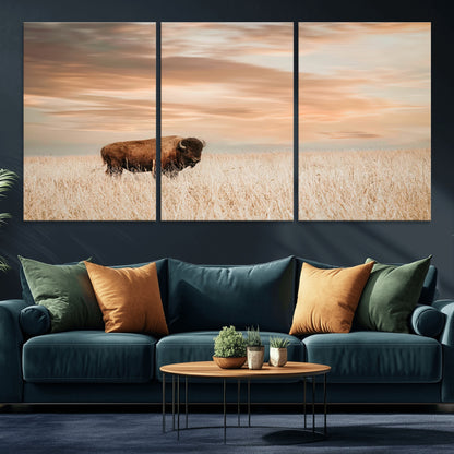 20306324-MGV-CV-36X24-Bison Wall Art – Lone American Buffalo Prairie Sunset Canvas Print, Rustic Western Wildlife Photography Decor for Living Room,