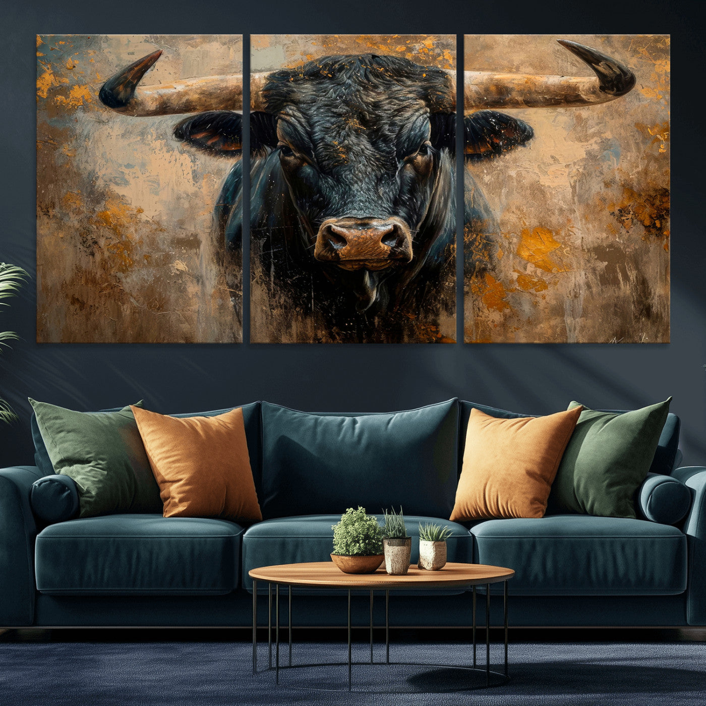 91615410-MGV-CV-36X24-Bull Wall Art – Rustic Western Longhorn Canvas Print, Powerful Abstract Animal Painting, Farmhouse Ranch Decor for Living Room,