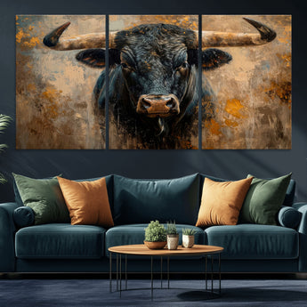 91615410-MGV-CV-36X24-Bull Wall Art – Rustic Western Longhorn Canvas Print, Powerful Abstract Animal Painting, Farmhouse Ranch Decor for Living Room,