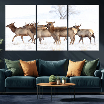 41416314-MGV-CV-36X24-Elk Wall Art – Wildlife Herd Canvas Print in Snowy Landscape, Rustic Nature Painting, Western Cabin Lodge Decor for Living Room,
