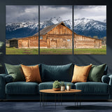 15173627-MGV-CV-36X24-Barn Wall Art – Rustic Wooden Cabin Canvas Print with Snowy Mountain Landscape, Western Farmhouse Country Decor for Living Room,