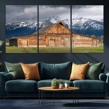 15173627-MGV-CV-36X24-Barn Wall Art – Rustic Wooden Cabin Canvas Print with Snowy Mountain Landscape, Western Farmhouse Country Decor for Living Room,