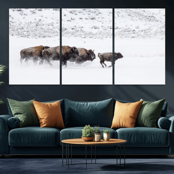 61161423-MGV-CV-36X24-Running Bison Herd Wall Art – Winter Buffalo Canvas Print, Wildlife Photography Decor for Rustic Living Room, Farmhouse, Lodge,