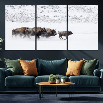 61161423-MGV-CV-36X24-Running Bison Herd Wall Art – Winter Buffalo Canvas Print, Wildlife Photography Decor for Rustic Living Room, Farmhouse, Lodge,