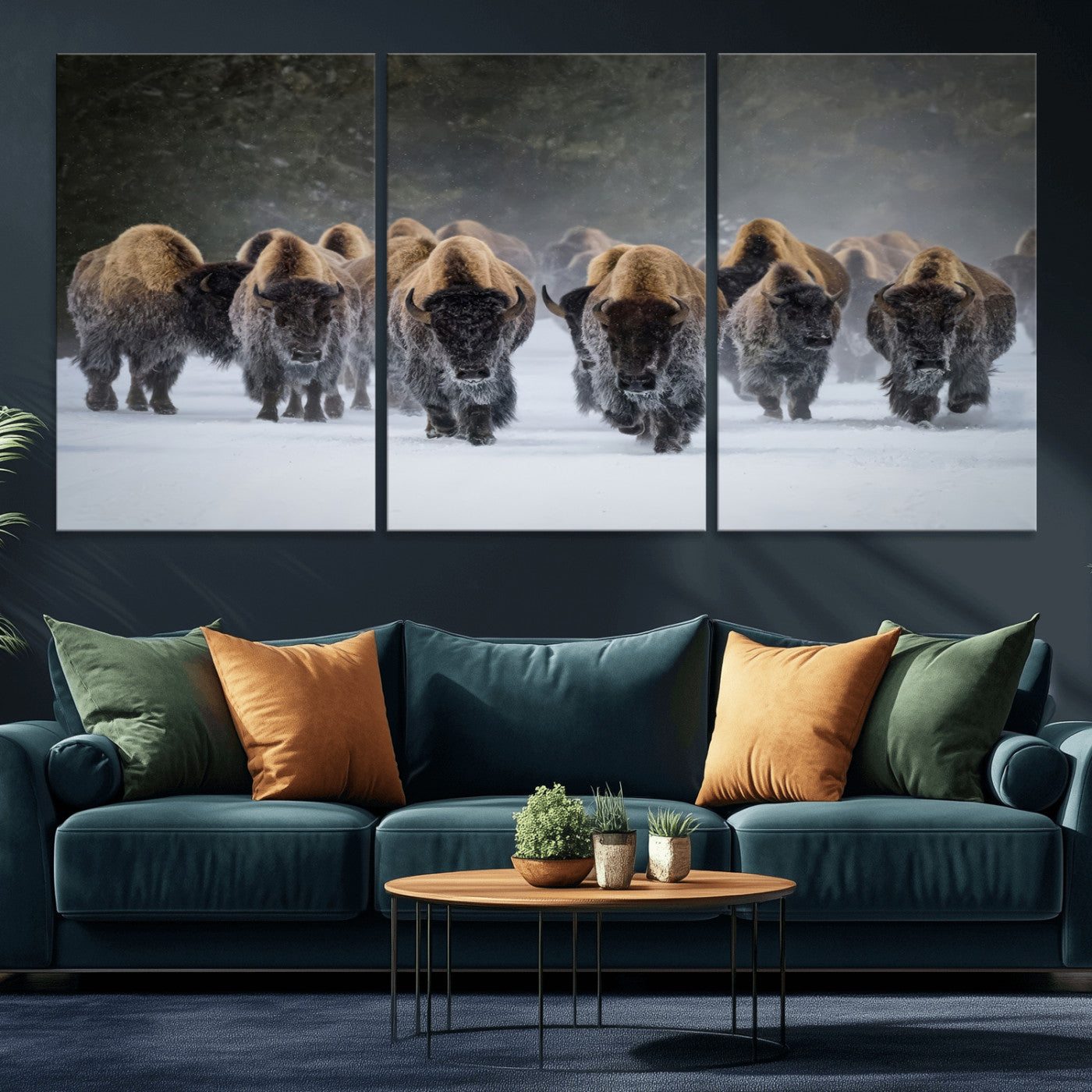 30332489-MGV-CV-60X30-3P-Winter Bison Herd Wall Art – Powerful Buffalo Canvas Print, Rustic Wildlife Photography Decor for Farmhouse, Cabin, Lodge, Living