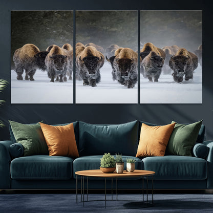 30332489-MGV-CV-60X30-3P-Winter Bison Herd Wall Art – Powerful Buffalo Canvas Print, Rustic Wildlife Photography Decor for Farmhouse, Cabin, Lodge, Living