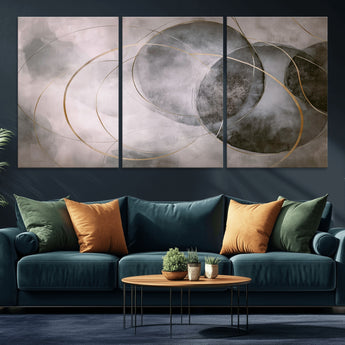 20066876-MGV-CV-36X24-Neutral Abstract Circle Wall Art – Modern Gray Beige Gold Canvas Print, Minimalist Geometric Painting for Bedroom, Living Room,