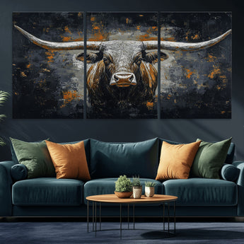 93195031-MGV-CV-36X24-Dark Longhorn Bull Wall Art – Western Steer Canvas Print, Moody Rustic Animal Painting for Man Cave, Ranch House, Office or Modern