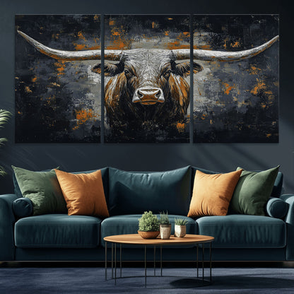 93195031-MGV-CV-36X24-Dark Longhorn Bull Wall Art – Western Steer Canvas Print, Moody Rustic Animal Painting for Man Cave, Ranch House, Office or Modern