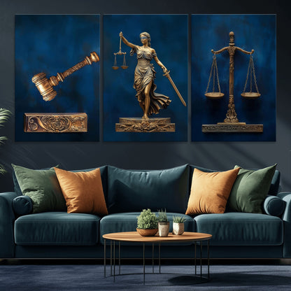 91629053-MGV-CV-36X24-Lady Justice Wall Art – Golden Gavel and Scales Canvas Print, Elegant Legal Office Decor for Lawyers, Judges, Courtroom or Study