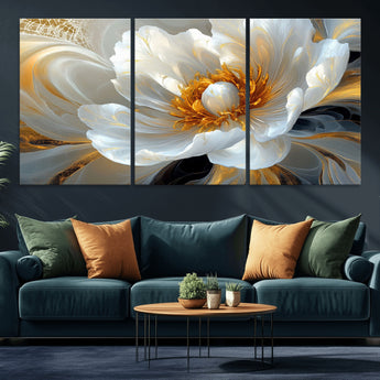 39604126-MGV-CV-36X24-Abstract Flower Wall Art – Elegant White and Gold Bloom Canvas Print, Modern Floral Artwork for Bedroom, Living Room, or Office