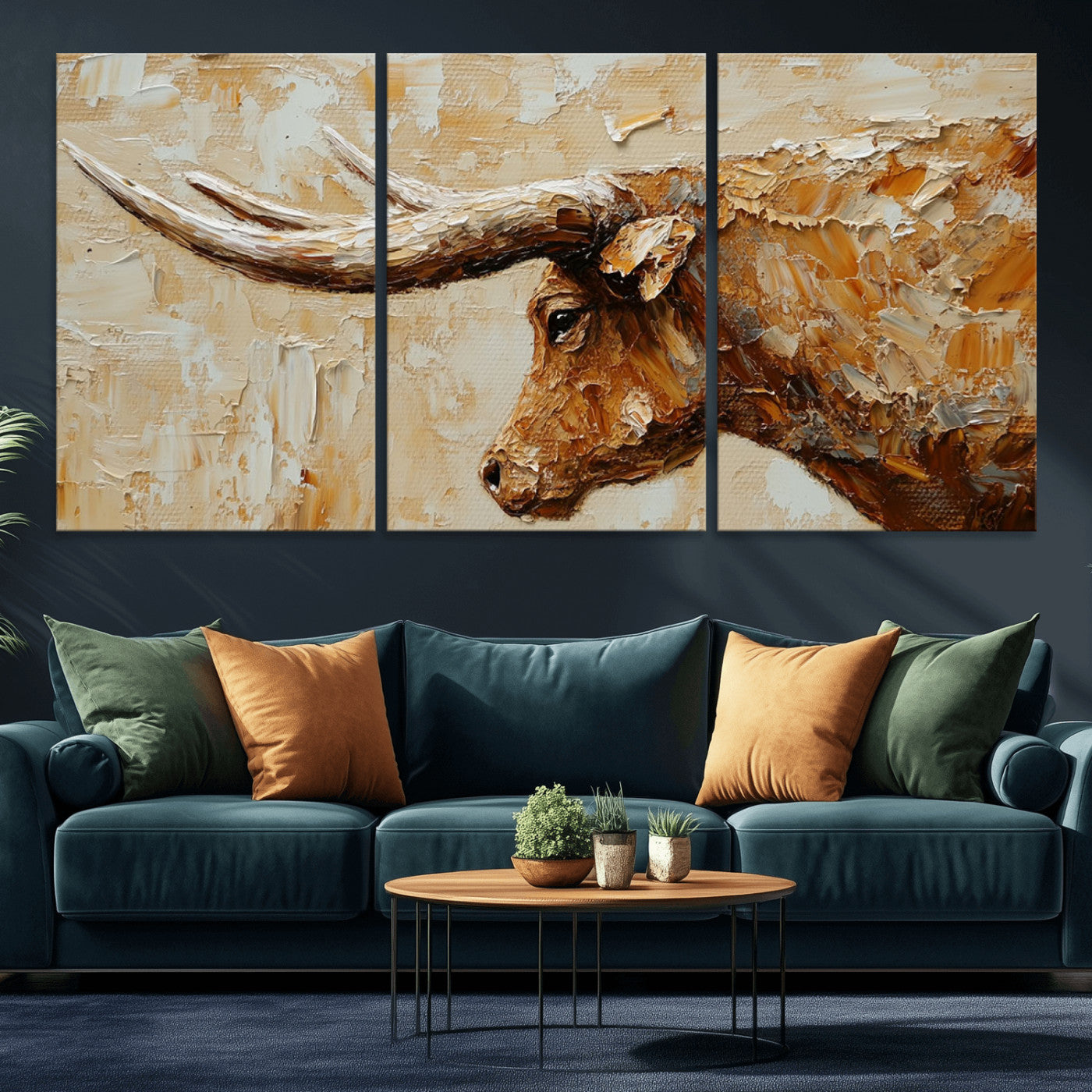 69611428-MGV-CV-36X24-Longhorn Bull Wall Art – Rustic Western Canvas Print, Textured Farmhouse Cattle Painting for Living Room, Office, or Ranch House