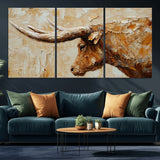 69611428-MGV-CV-36X24-Longhorn Bull Wall Art – Rustic Western Canvas Print, Textured Farmhouse Cattle Painting for Living Room, Office, or Ranch House