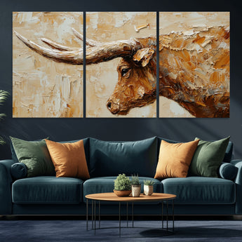 69611428-MGV-CV-36X24-Longhorn Bull Wall Art – Rustic Western Canvas Print, Textured Farmhouse Cattle Painting for Living Room, Office, or Ranch House