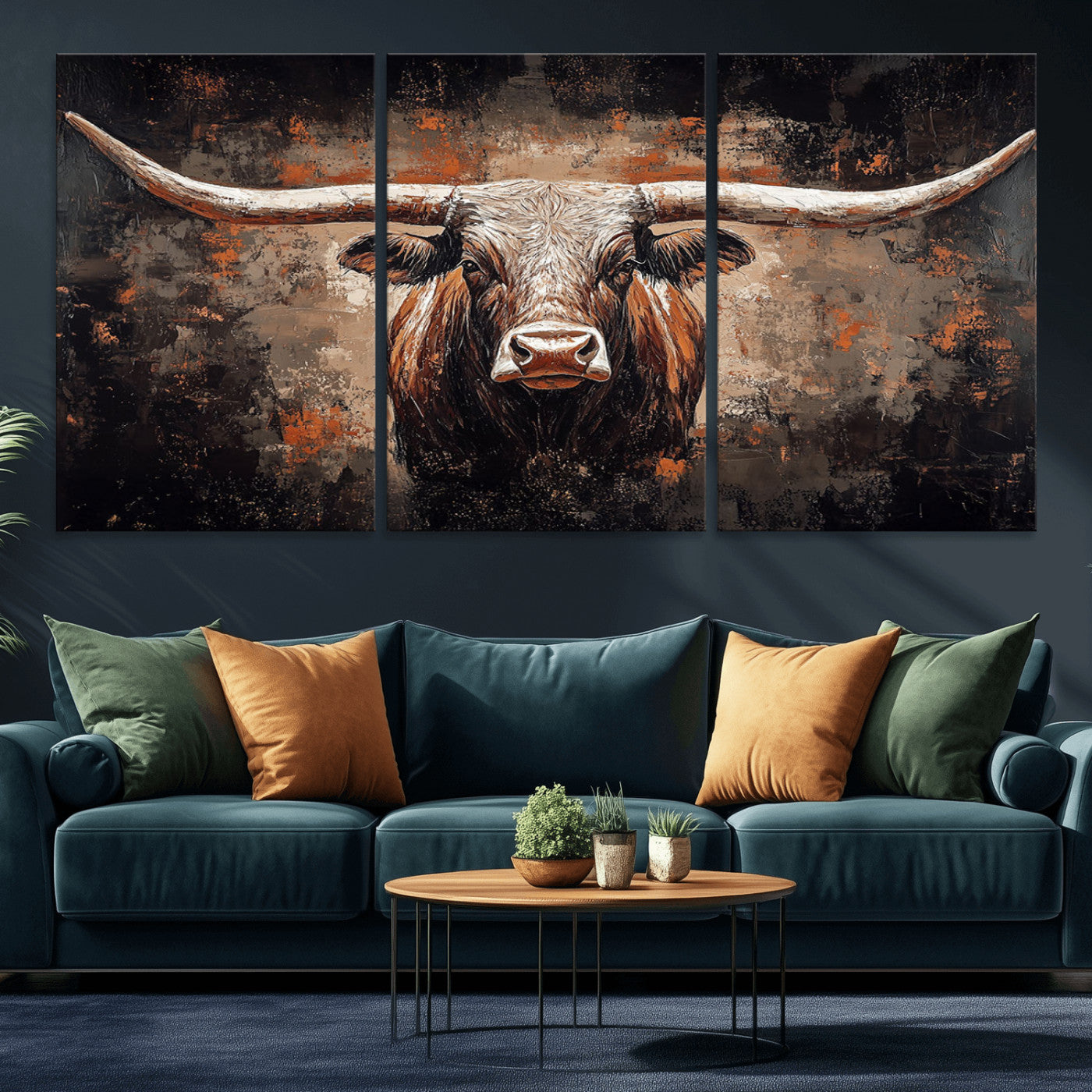 24779067-MGV-CV-36X24-Longhorn Bull Wall Art – Western Rustic Canvas Print, Bold Cowboy Cattle Painting for Ranch House, Farmhouse, Office, or Living